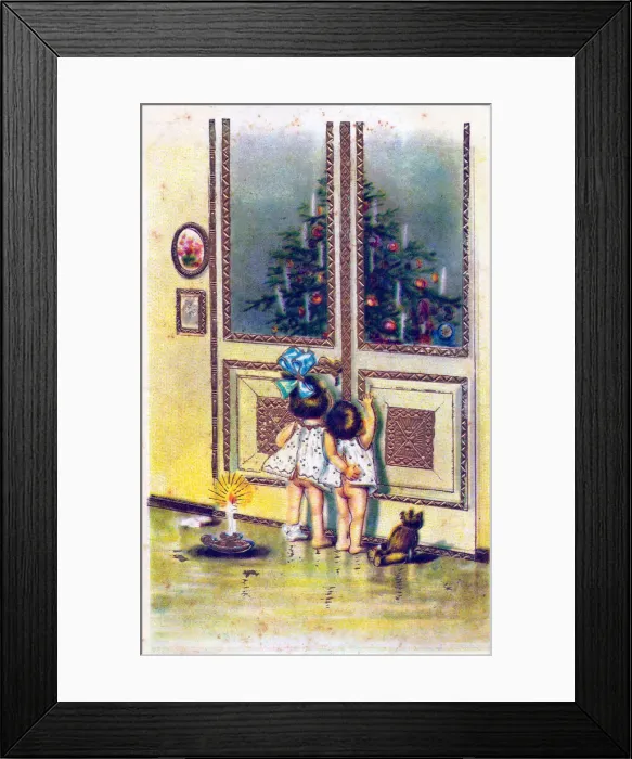 Framed Print : Two children gazing at a tree on a Christmas postcard Framed Print : Two children gazing at a tree on a Christmas postcard