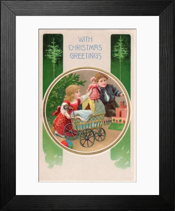 Framed Print : Girl and boy with presents on a Christmas postcard Framed Print : Girl and boy with presents on a Christmas postcard