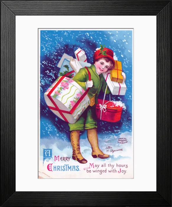 Framed Print : Child carrying presents on a Christmas postcard Framed Print : Child carrying presents on a Christmas postcard