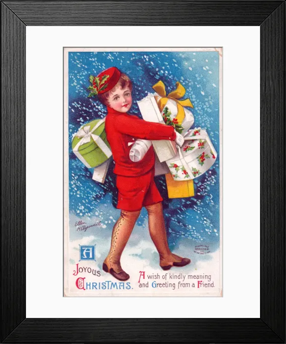 Framed Print : Child carrying presents on a Christmas postcard Framed Print : Child carrying presents on a Christmas postcard