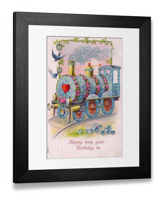 Framed Print : Train decorated with flowers on a birthday postcard Framed Print : Train decorated with flowers on a birthday postcard
