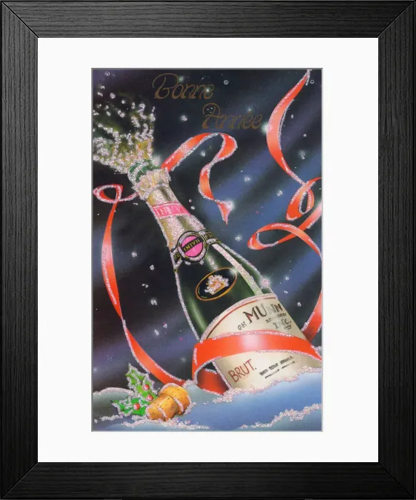 Framed Print : Bottle of champagne on a French New Year postcard Framed Print : Bottle of champagne on a French New Year postcard