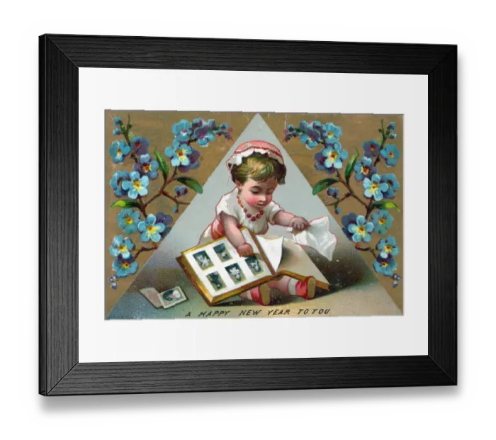 Framed Print : Girl with picture album on a New Year postcard Framed Print : Girl with picture album on a New Year postcard