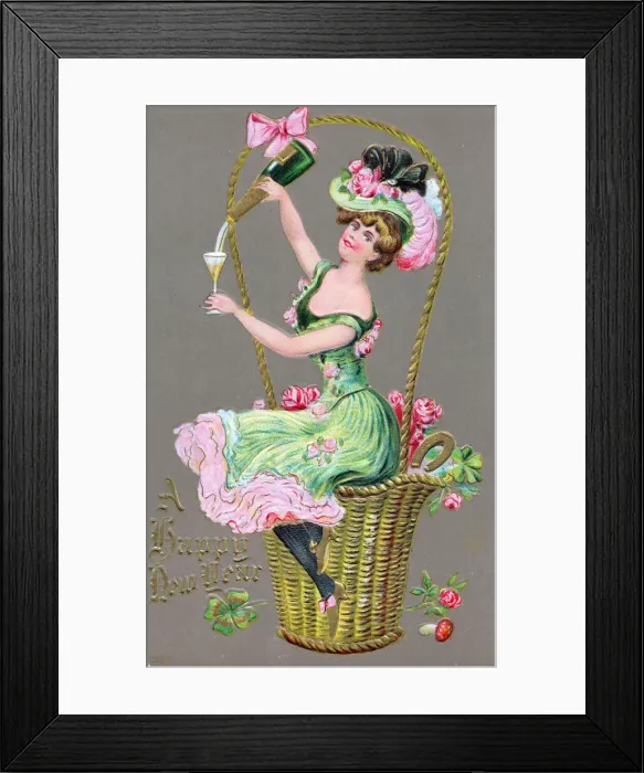 Framed Print : Woman pouring champagne on a New Year postcard Framed Print : Woman pouring champagne on a New Year postcard