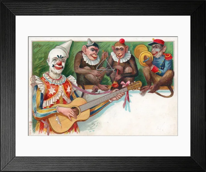 Framed Print : Clown with three monkeys on a postcard Framed Print : Clown with three monkeys on a postcard