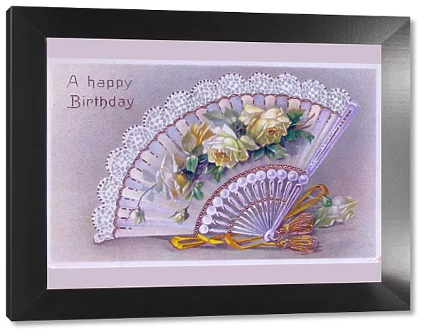 Fan with yellow roses on a birthday postcard