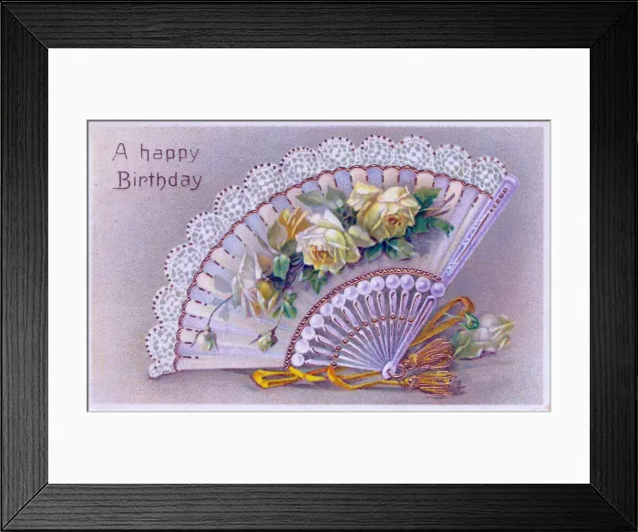 Framed Print : Fan with yellow roses on a birthday postcard Framed Print : Fan with yellow roses on a birthday postcard