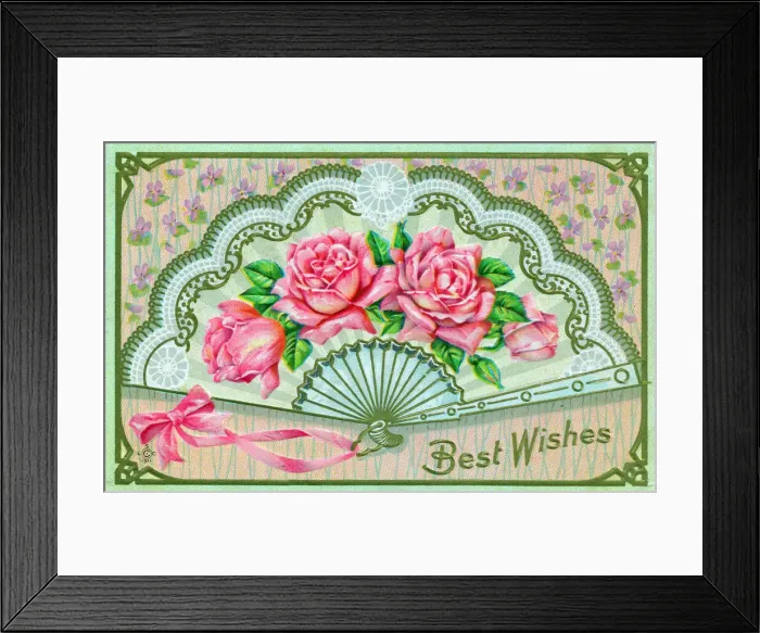 Framed Print : Fan with pink roses on a greetings postcard Framed Print : Fan with pink roses on a greetings postcard
