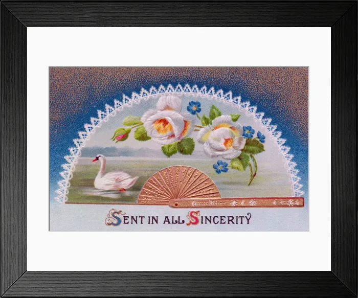 Framed Print : Fan with white flowers and a swan on a greetings postcard Framed Print : Fan with white flowers and a swan on a greetings postcard