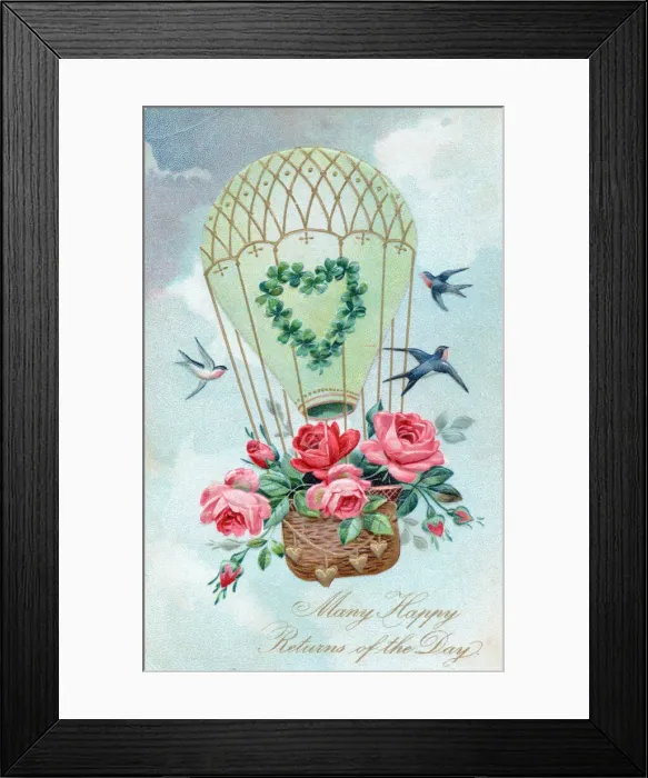Framed Print : Balloon with birds and flowers on a birthday postcard Framed Print : Balloon with birds and flowers on a birthday postcard