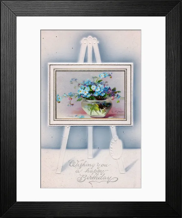 Framed Print : Flowers in a vase on an easel on a birthday postcard Framed Print : Flowers in a vase on an easel on a birthday postcard