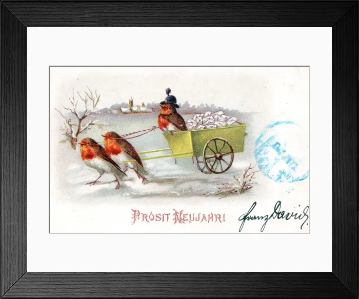 Framed Print : Robins with a cart on a German New Year postcard Framed Print : Robins with a cart on a German New Year postcard