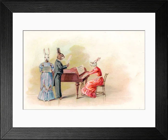 Framed Print : Musical rabbits with piano on a greetings postcard Framed Print : Musical rabbits with piano on a greetings postcard