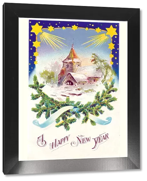 Snow scene with church and stars on a New Year postcard
