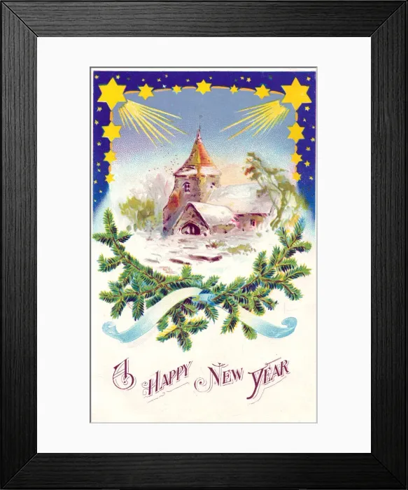 Framed Print : Snow scene with church and stars on a New Year postcard Framed Print : Snow scene with church and stars on a New Year postcard