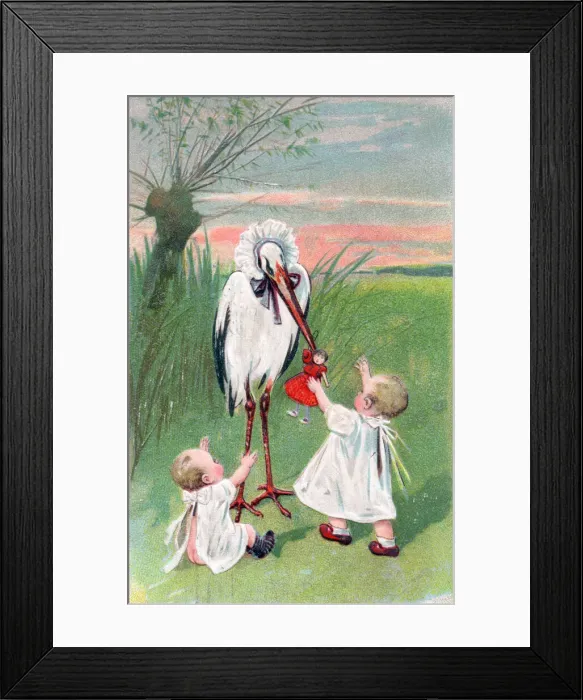 Framed Print : Stork with two babies on a greetings postcard Framed Print : Stork with two babies on a greetings postcard
