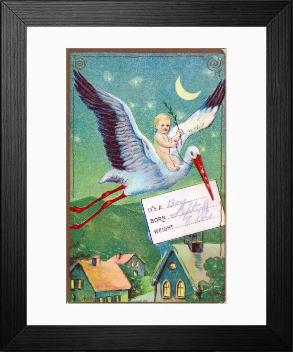 Framed Print : Stork with baby riding on its back on a greetings postcard Framed Print : Stork with baby riding on its back on a greetings postcard