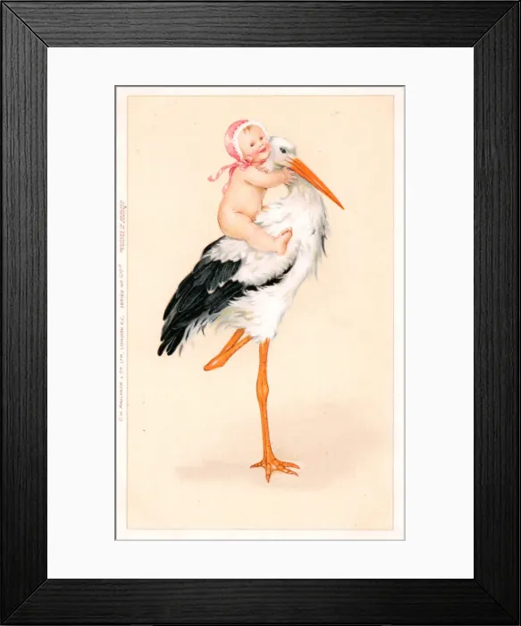 Framed Print : Stork with baby in pink on its back on a greetings postcard Framed Print : Stork with baby in pink on its back on a greetings postcard