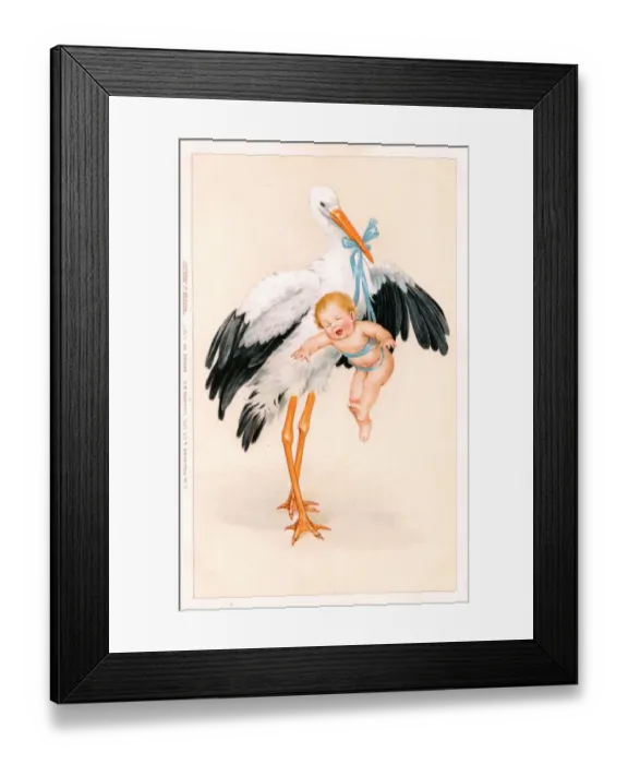 Framed Print : Stork with baby in blue ribbons on a greetings postcard Framed Print : Stork with baby in blue ribbons on a greetings postcard