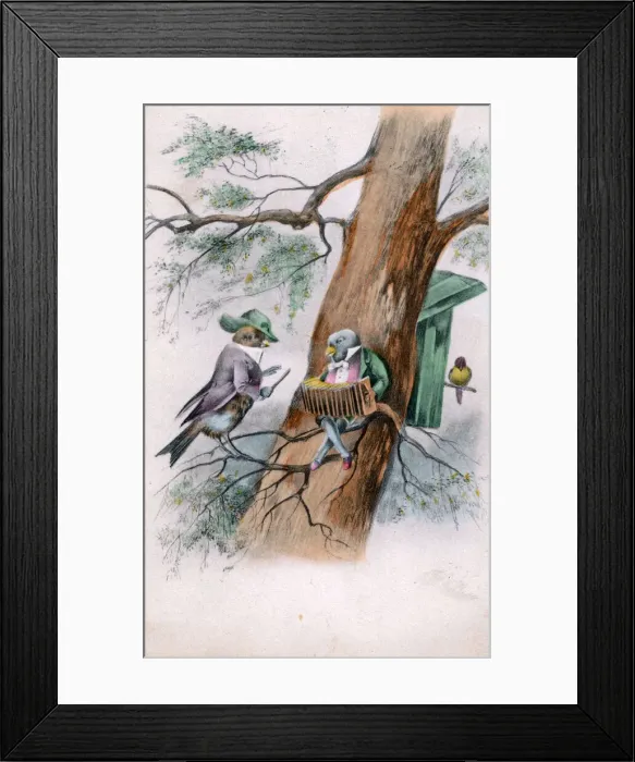 Framed Print : Humanised birds on a tree on a greetings postcard Framed Print : Humanised birds on a tree on a greetings postcard
