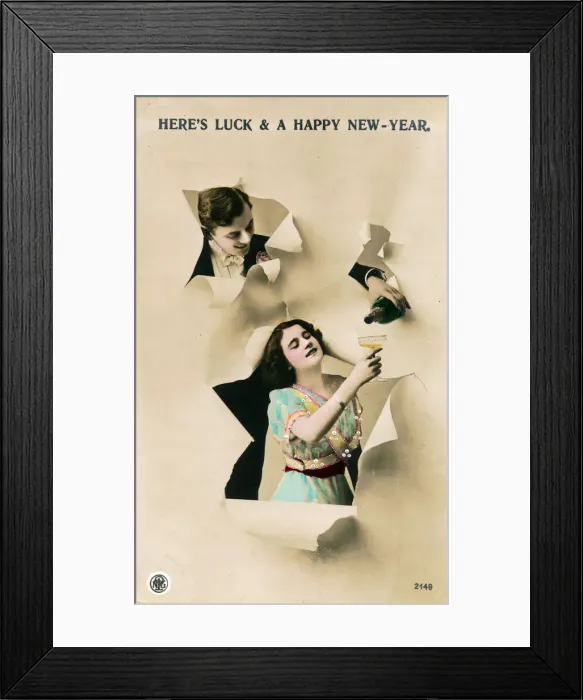 Framed Print : Couple with champagne on a New Year postcard