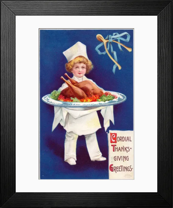 Framed Print : Boy serving a roast turkey on a Thanksgiving postcard Framed Print : Boy serving a roast turkey on a Thanksgiving postcard