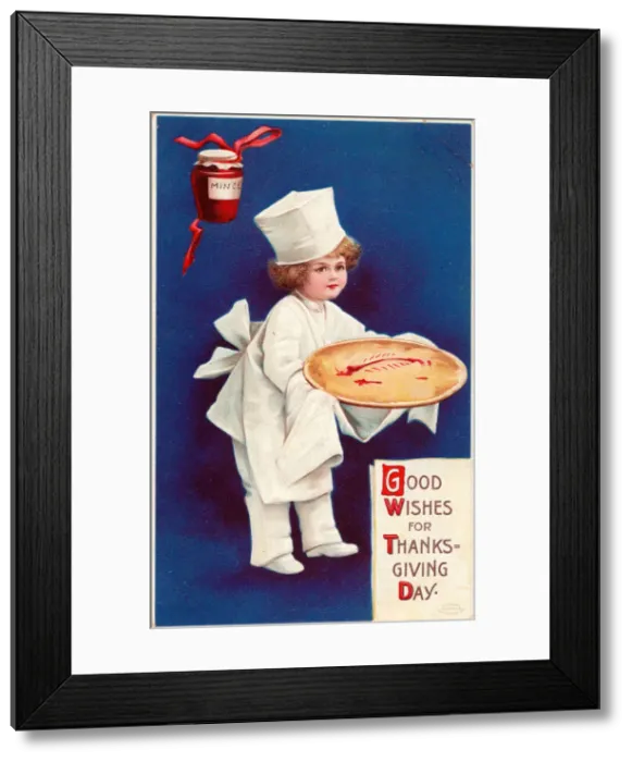 Framed Print : Boy serving a fruit pie on a Thanksgiving postcard Framed Print : Boy serving a fruit pie on a Thanksgiving postcard