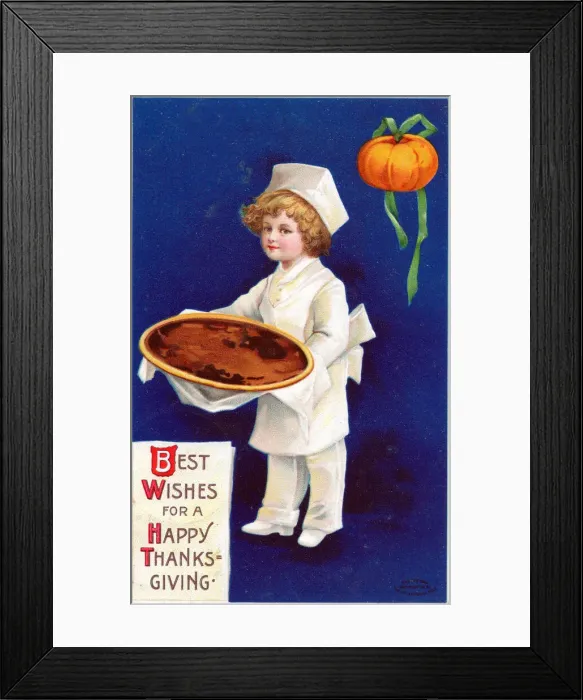 Framed Print : Boy with an empty dish on a Thanksgiving postcard Framed Print : Boy with an empty dish on a Thanksgiving postcard