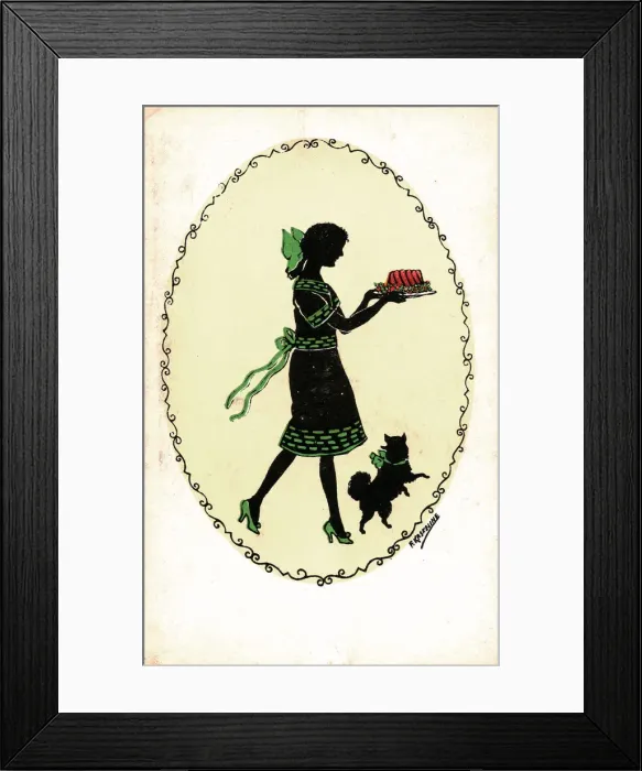 Framed Print : Silhouette of woman, dog and food on a postcard Framed Print : Silhouette of woman, dog and food on a postcard