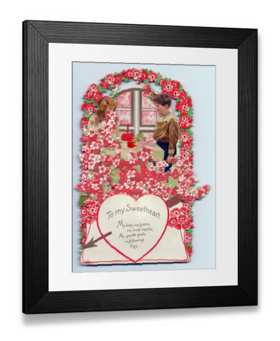 Framed Print : Boy and girl with flowers and verse on a Valentine card Framed Print : Boy and girl with flowers and verse on a Valentine card
