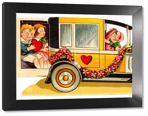 Driver and passengers in a car on a cutout Valentine card