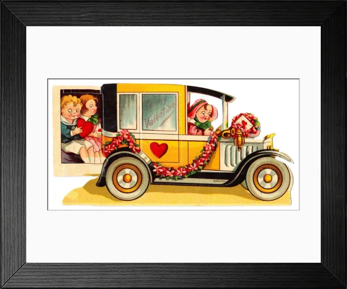 Framed Print : Driver and passengers in a car on a cutout Valentine card Framed Print : Driver and passengers in a car on a cutout Valentine card