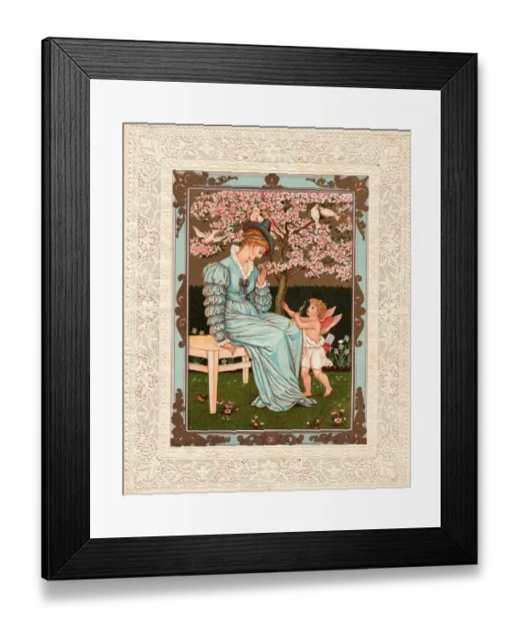 Framed Print : Cupid and lady in a garden on a Valentine card Framed Print : Cupid and lady in a garden on a Valentine card