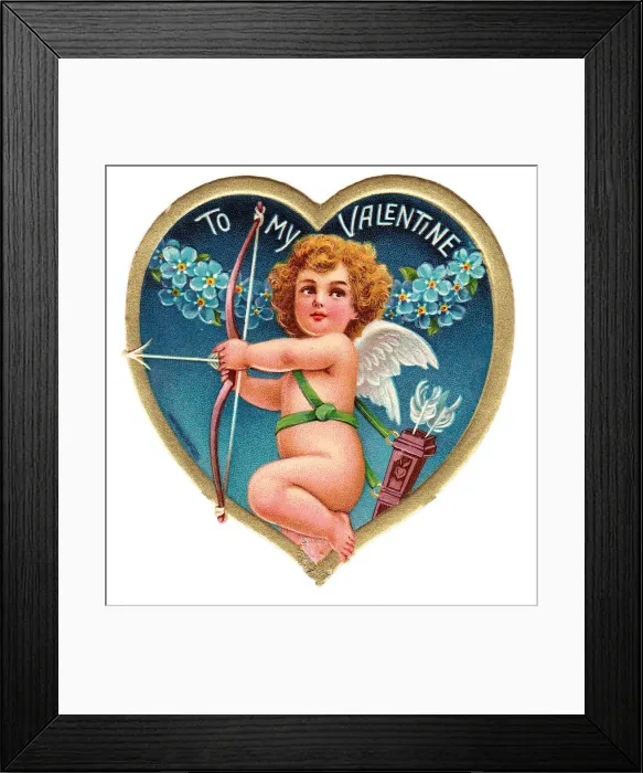 Framed Print : Cupid on a heart-shaped Valentine card Framed Print : Cupid on a heart-shaped Valentine card