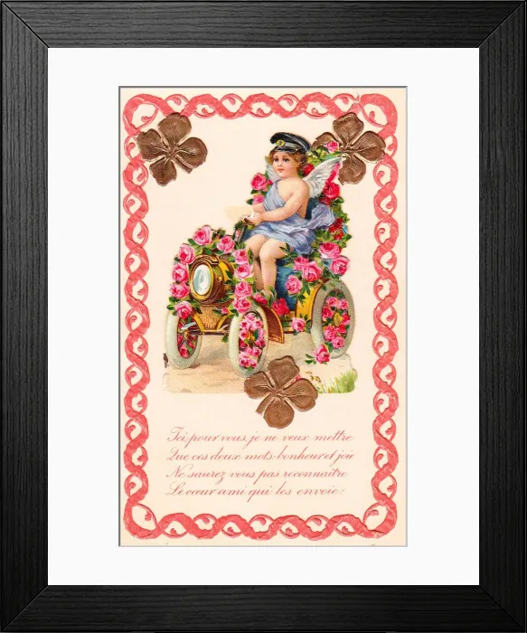 Framed Print : Cupid in a car on a French Valentine card Framed Print : Cupid in a car on a French Valentine card
