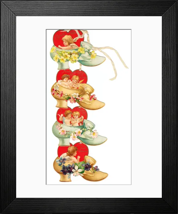 Framed Print : Cupids, red hearts, shoes and flowers on a Valentine card Framed Print : Cupids, red hearts, shoes and flowers on a Valentine card