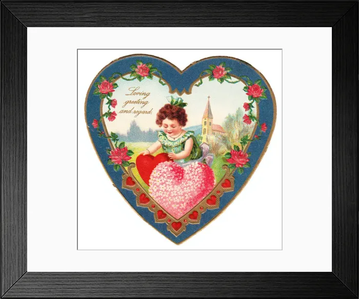 Framed Print : Girl on a heart-shaped Valentine card Framed Print : Girl on a heart-shaped Valentine card