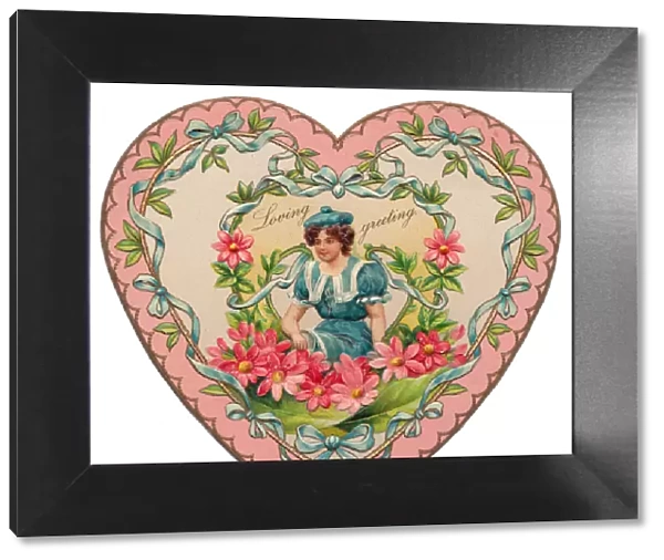 Young woman on a heart-shaped Valentine card