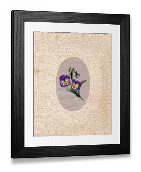Framed Print : Variegated flowers on a paper lace greetings card Framed Print : Variegated flowers on a paper lace greetings card