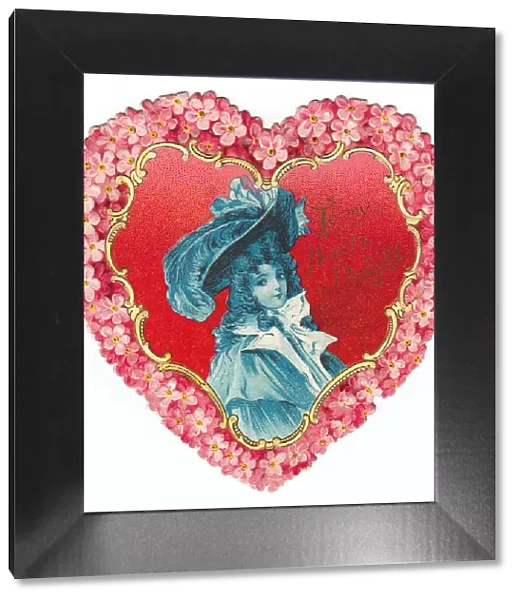 Boy dressed as a cavalier on a heart-shaped Valentine card