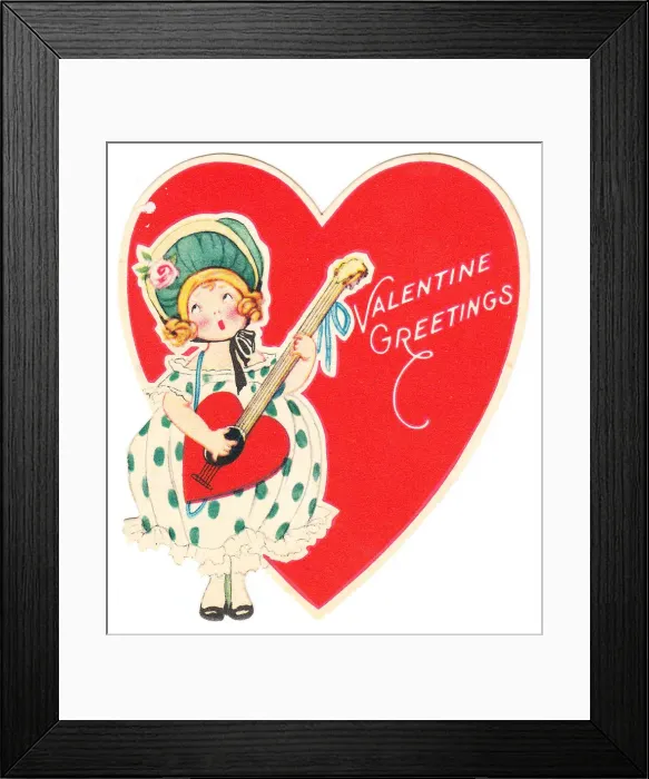 Framed Print : Girl with guitar on a heart-shaped Valentine card