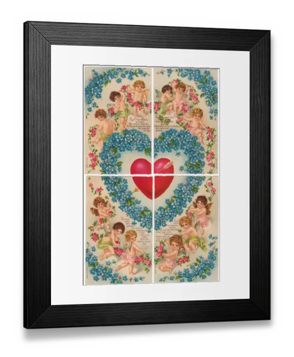 Framed Print : Cupids with hearts and flowers on a German Valentine card Framed Print : Cupids with hearts and flowers on a German Valentine card