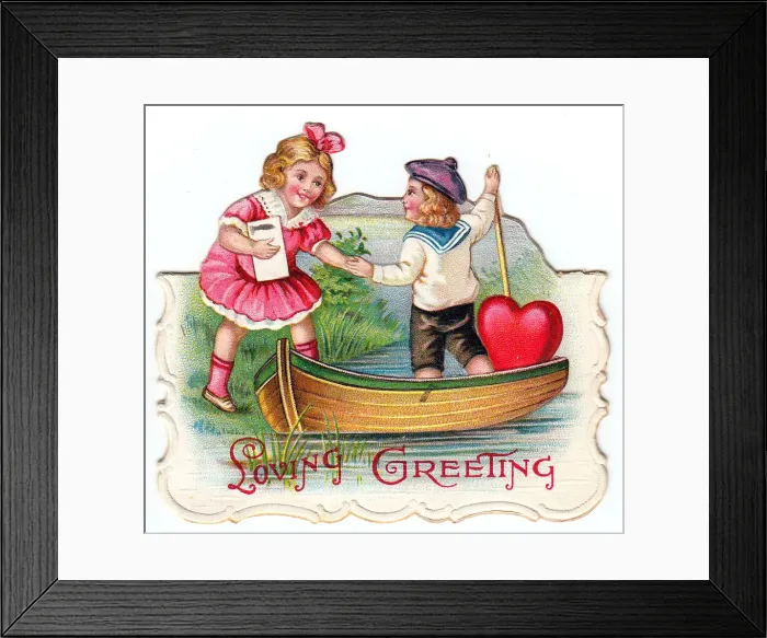 Framed Print : Boy and girl with a boat on a cutout Valentine card Framed Print : Boy and girl with a boat on a cutout Valentine card
