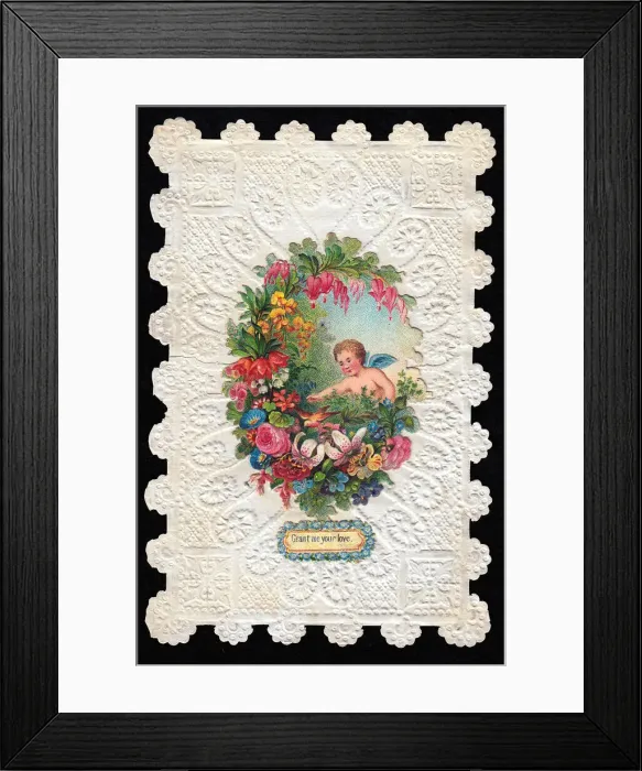 Framed Print : Cupid with flowers and bird on a Valentine card Framed Print : Cupid with flowers and bird on a Valentine card