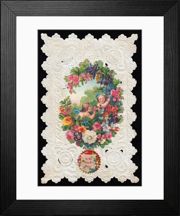 Framed Print : Cupid with flowers and lady on a Valentine card Framed Print : Cupid with flowers and lady on a Valentine card