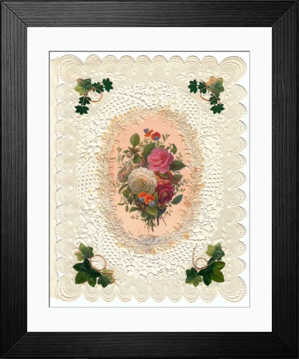 Framed Print : Roses and ivy on a greetings card with lacy white border Framed Print : Roses and ivy on a greetings card with lacy white border
