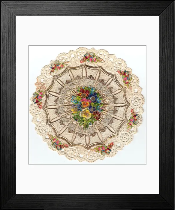 Framed Print : Colourful flowers on a circular lacy greetings card Framed Print : Colourful flowers on a circular lacy greetings card