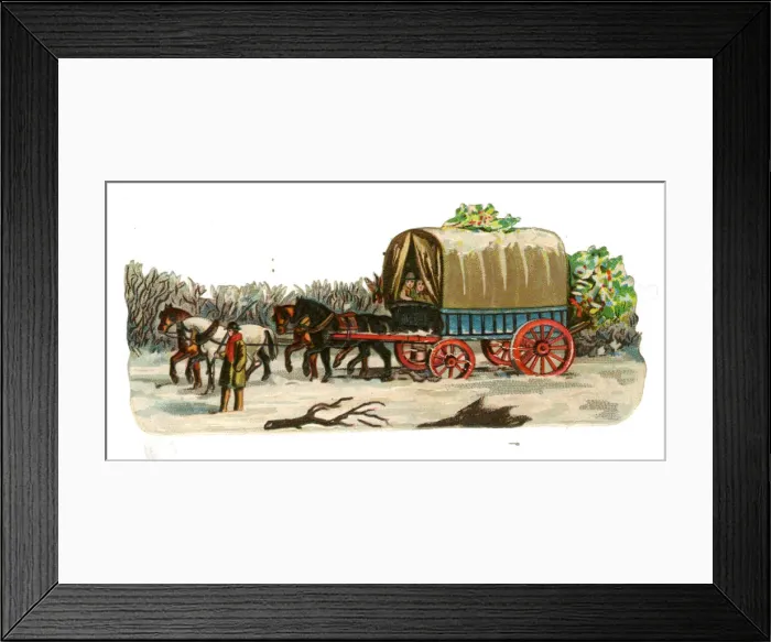 Framed Print : Victorian scrap, Wagon and Horses in Snow Framed Print : Victorian scrap, Wagon and Horses in Snow