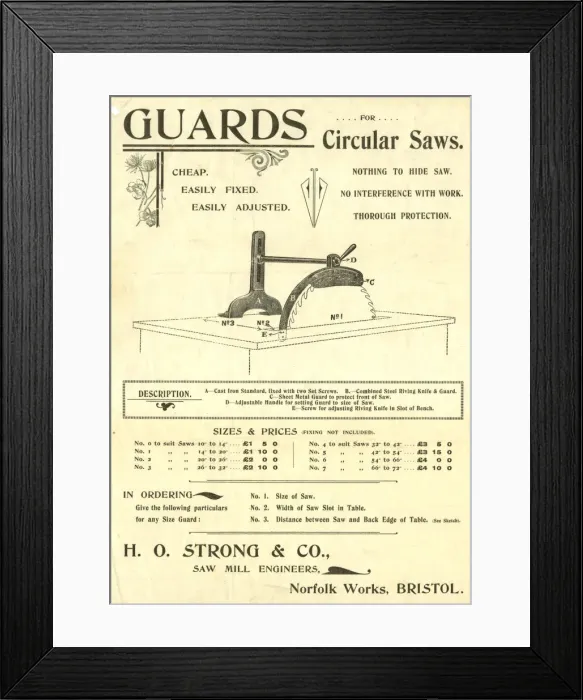 Framed Print : Advertisement, H O Strong, Guards for Circular Saws Framed Print : Advertisement, H O Strong, Guards for Circular Saws