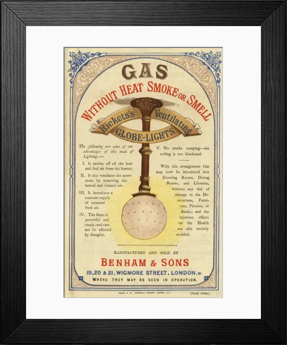 Framed Print : Advert, Ricketss Ventilating Globe Lights